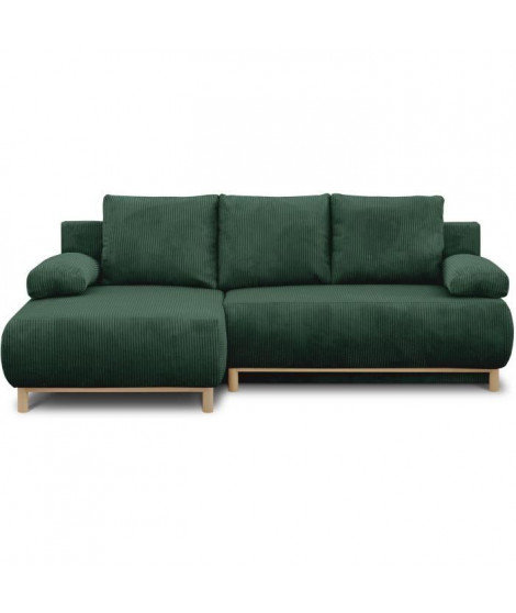 Canapé d'angle gauche convertible - 3 places - MIKA - Tissu velours côtelé vert foncé - Coffre de rangement - 192 x 84 x 93 cm