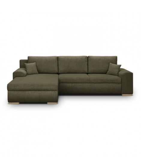 Canapé d'angle convertible - 5 places - INDIAN - Tissu velours côtelé Vert kaki - Coffre de rangement - 289 x 94/188 x 88 cm