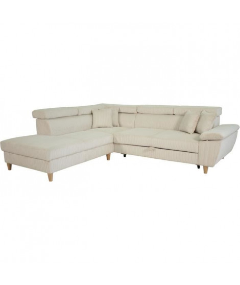 Canapé d'angle convertible - 4 places - WESTON - Velours côtelé beige - Tetieres réglables - 259 x 227 x 77/92 cm
