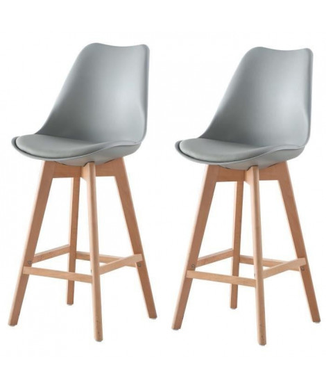 BJORN Lot de 2 tabourets de comptoir pieds en bois hetre massif - Revetement simili PU gris - Scandinave - Assise H 65cm