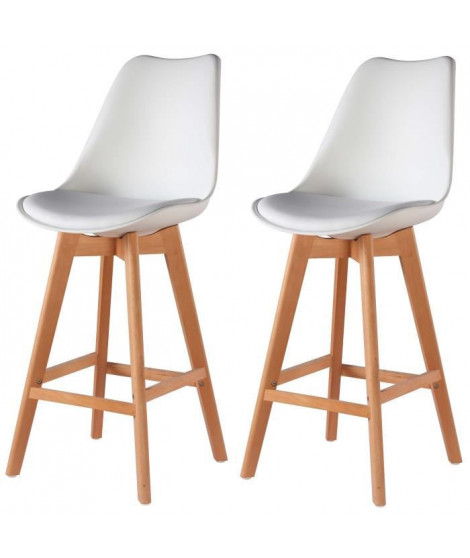 BJORN Lot de 2 tabourets de comptoir pieds en bois hetre massif - Revetement simili PU blanc - Scandinave - Assise H 65cm